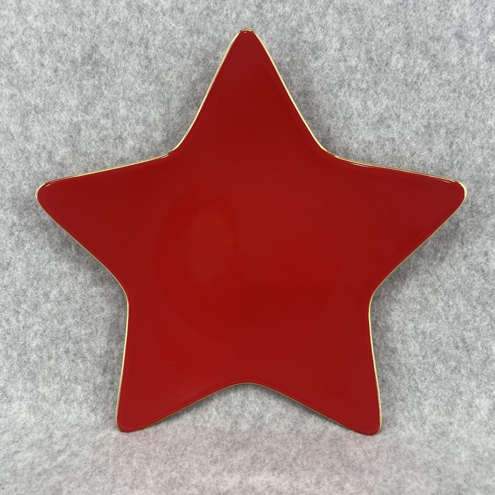 Williams Sonoma Red Star Dessert Plate Ceramic Christmas Gold Trim‎ Dish Salad